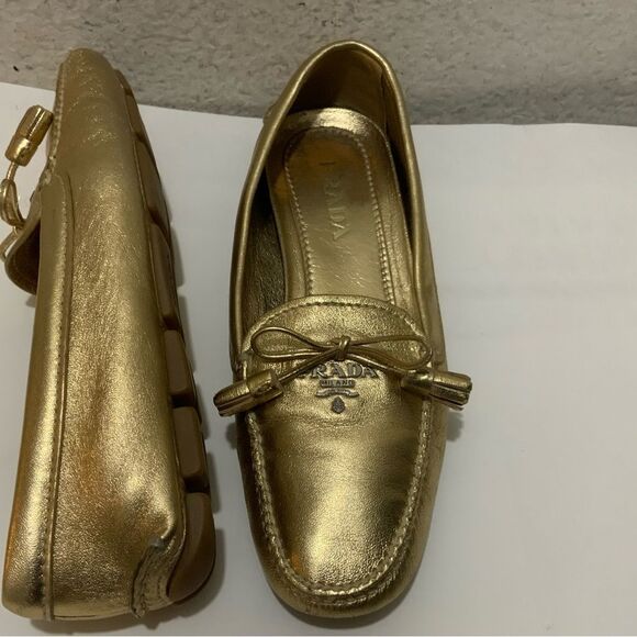 Prada Metallic Gold Leather Bow Slip On Loafers Size 35.5 - Picture 6 of 13